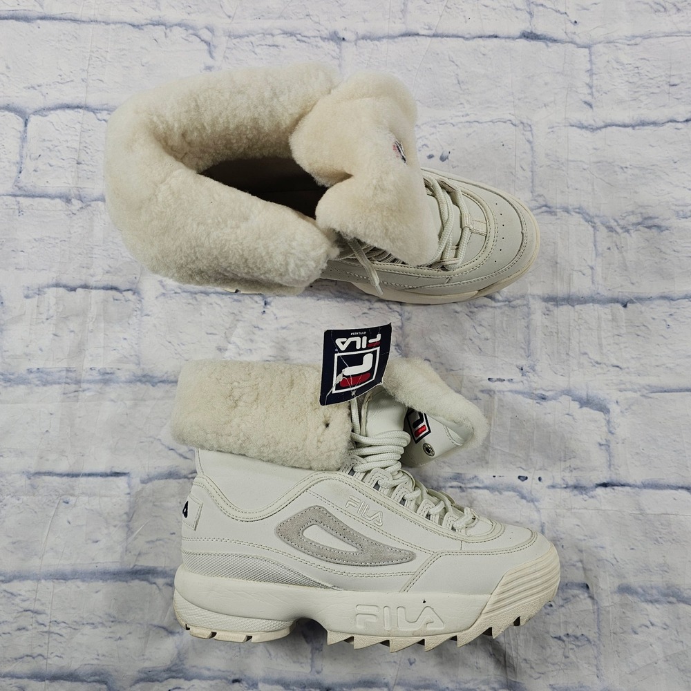 Fila Disruptor Shearling Boots Womens 7 White Chunky Faux Fur Winter Sneakers